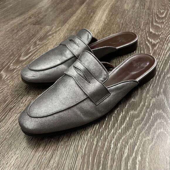 EUC Bougeotte Metallic Silver Leather Mule Loafers Size 41 Italy Slip-On Flats - Picture 3 of 16